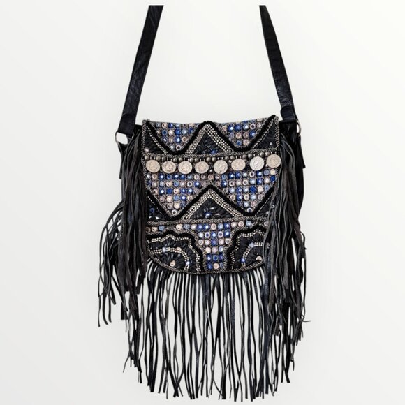 Handbags - Boho Studded Fringe Leather Crossbody Bag